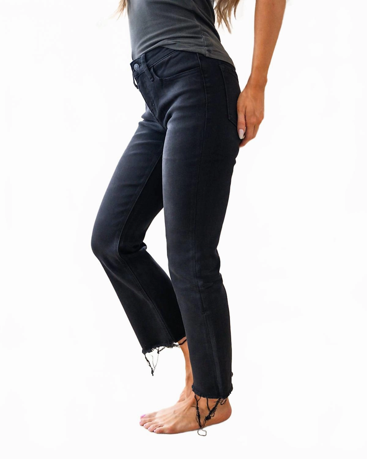 Mid Rise Distressed Hem Crop Jean In Black