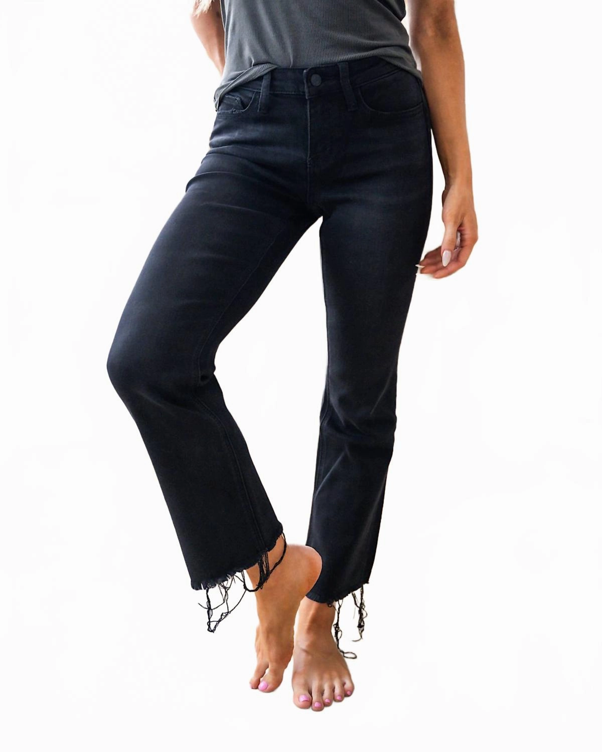 Mid Rise Distressed Hem Crop Jean In Black womens high-waisted pants online
