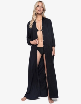 Midnight Billie Button Maxi Shirt Cover Up - Black Swim Womens - swimwear sale