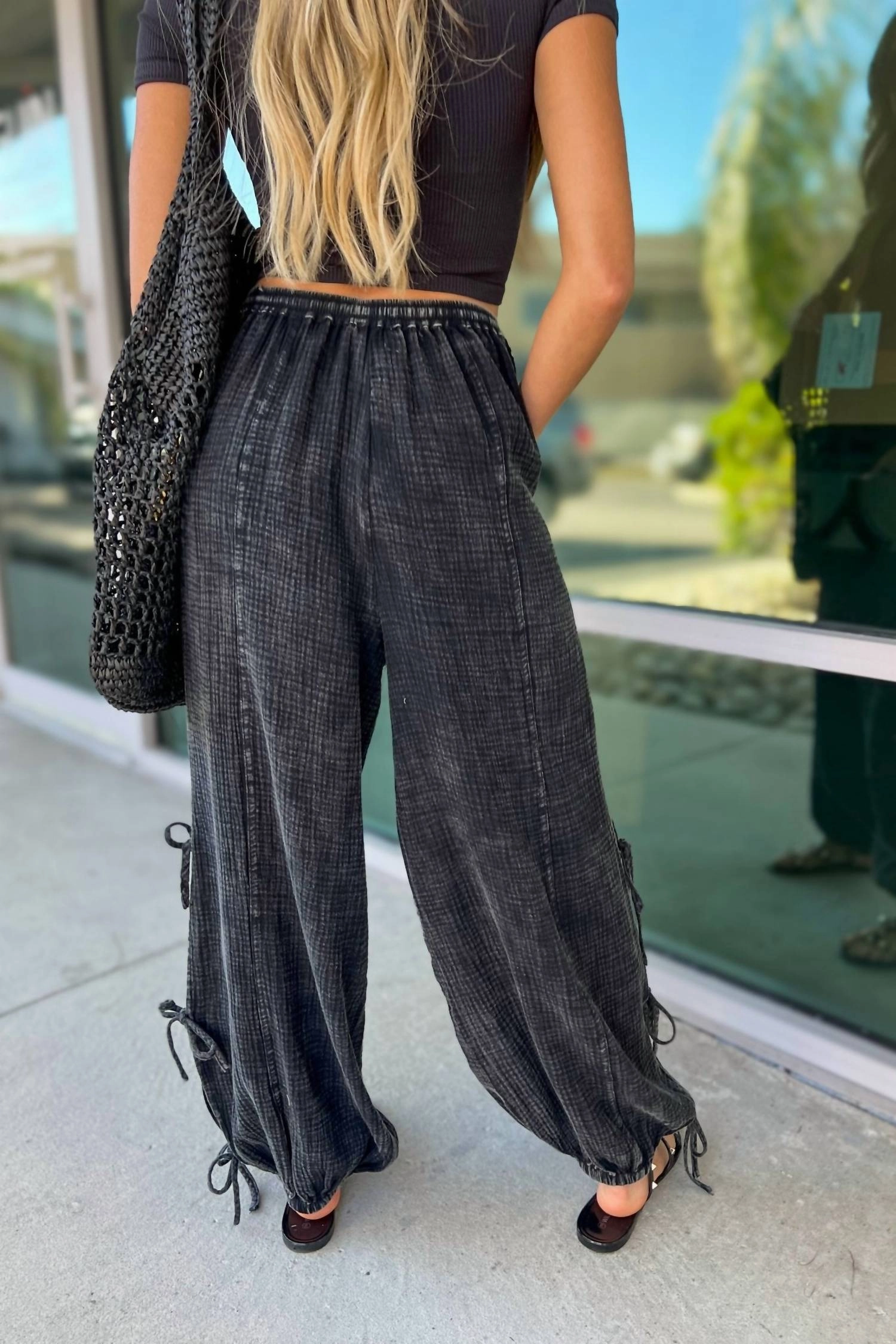 Mineral Wash Side Tie Pants In Black