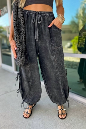 Mineral Wash Side Tie Pants In Black womens palazzo trousers online