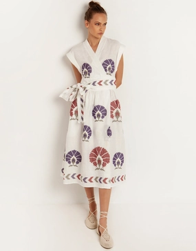 Mini Peacocks Wrap Midi Dress - White and Purple Swim Womens - bikinis clearance