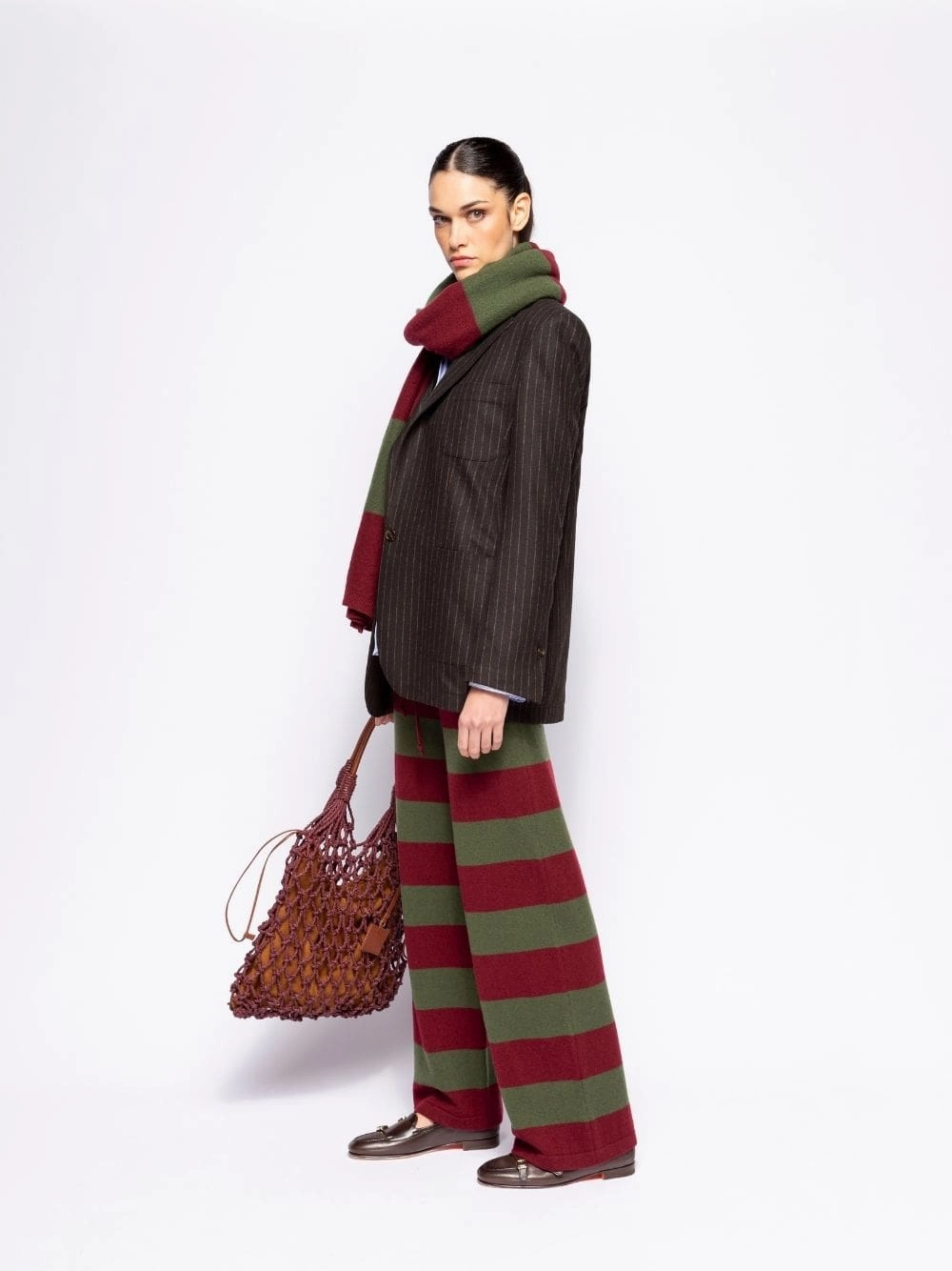 Mira Cabernet and Peacoat Striped Knitted Wide-Leg Pants