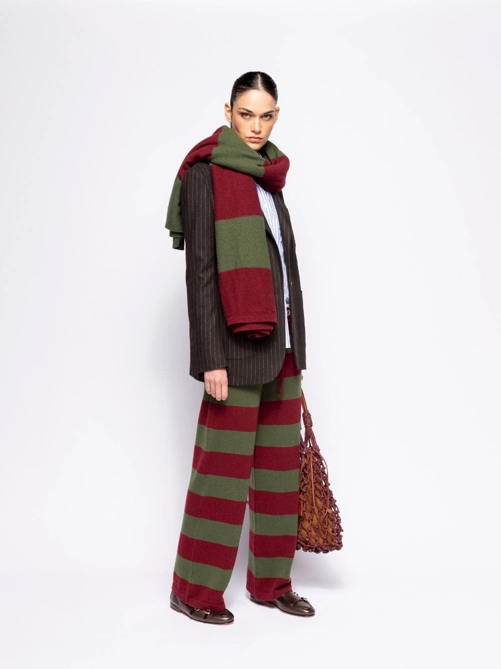 Mira Cabernet and Peacoat Striped Knitted Wide-Leg Pants