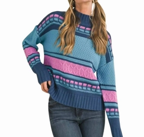 Mock Neck Cable Knit Sweater In Navy Tops Womens - peplum tops outlet