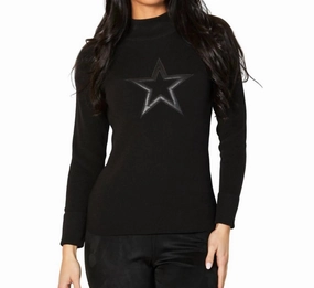 Mock Neck Ribbed Star Sweater In Black Tops Womens - asymmetrical tops