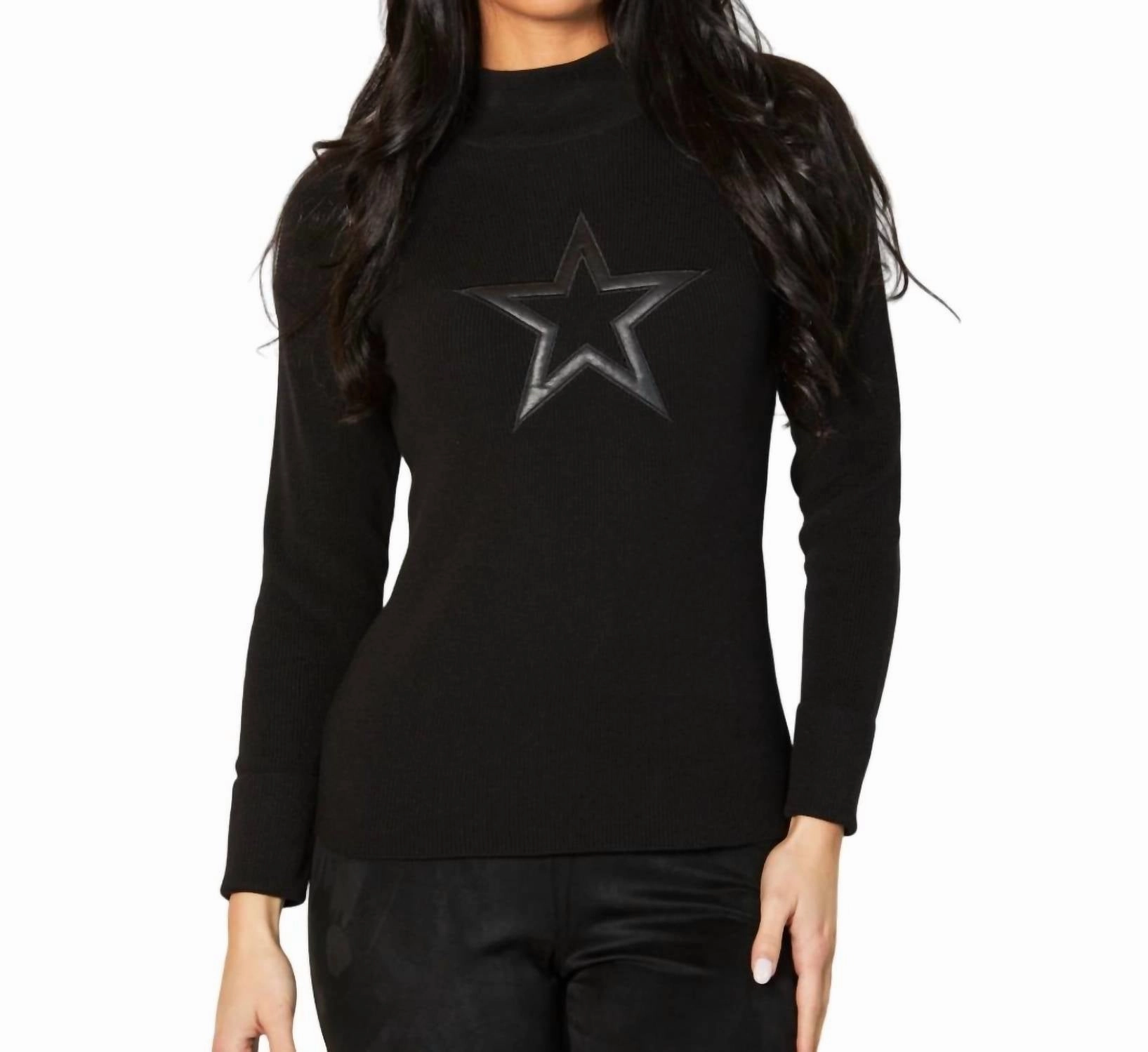 Mock Neck Ribbed Star Sweater In Black Tops Womens - asymmetrical tops