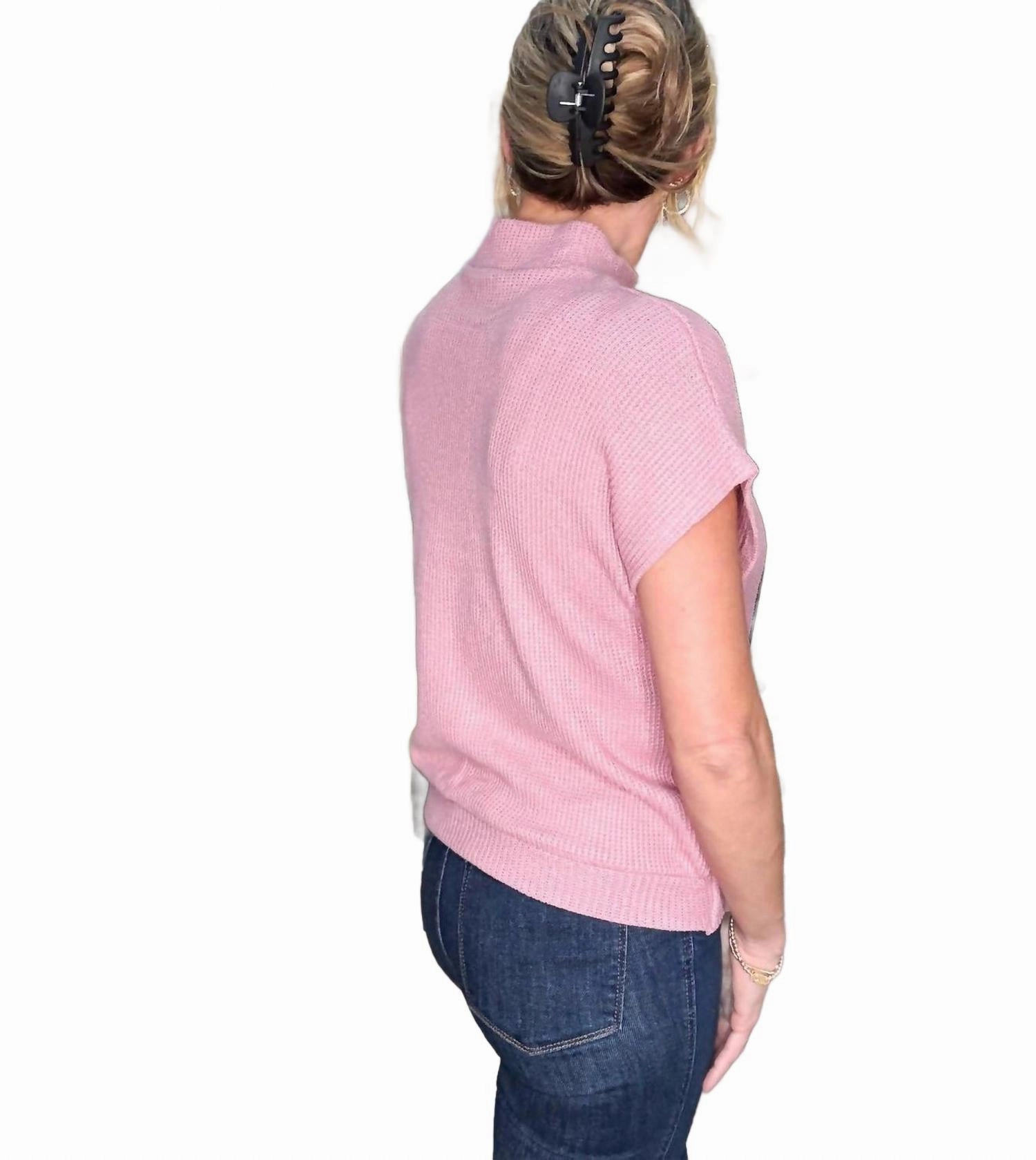 Mock Neck Short Sleeve Sweater In Rose