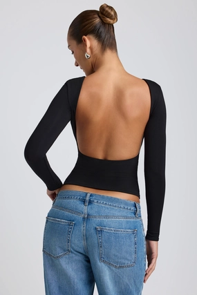 Modal High Neck Long Sleeve Open Back Top in Black Tops - basic tees cheap