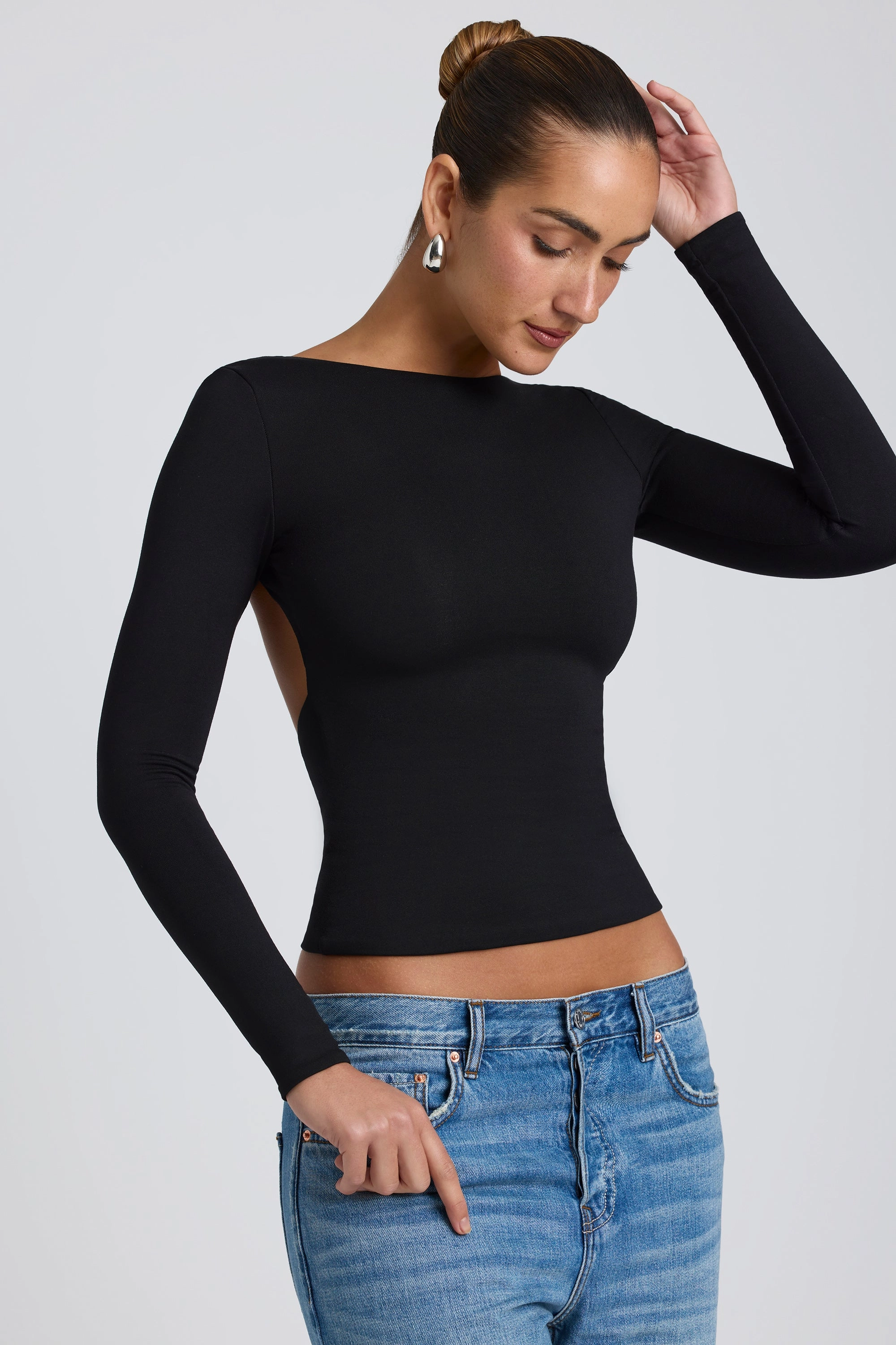 Modal High Neck Long Sleeve Open Back Top in Black