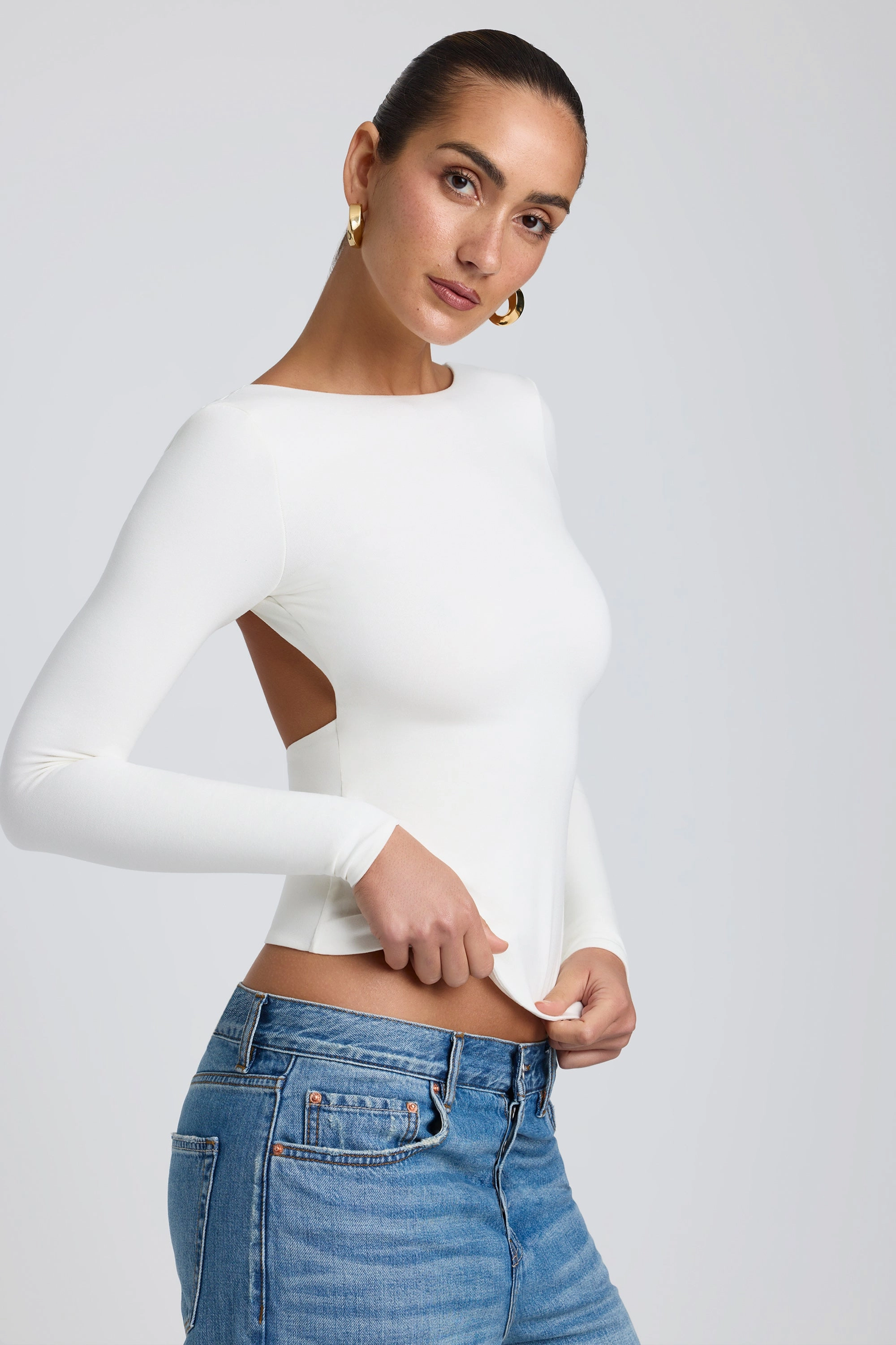 Modal High Neck Long Sleeve Open Back Top in White