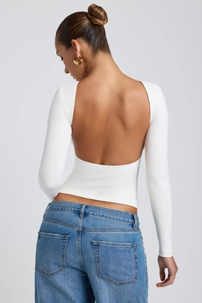 Modal High Neck Long Sleeve Open Back Top in White Tops - basic tees cheap