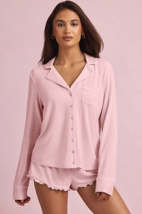 Modal Long-Sleeve Pyjama Top in Baby Pink Tops - basic tees cheap
