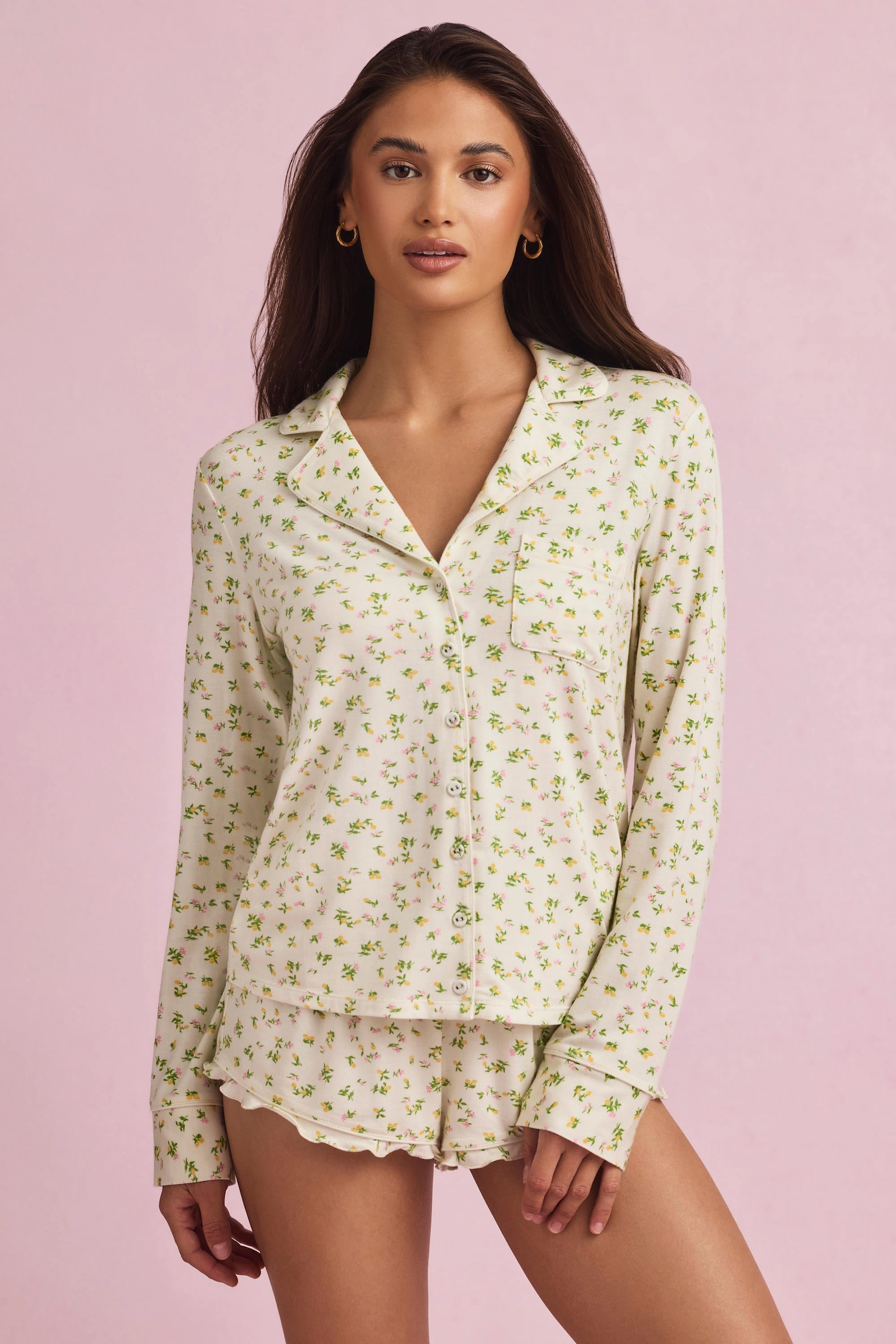 Modal Long-Sleeve Pyjama Top in Lemon Print Tops - basic tees cheap