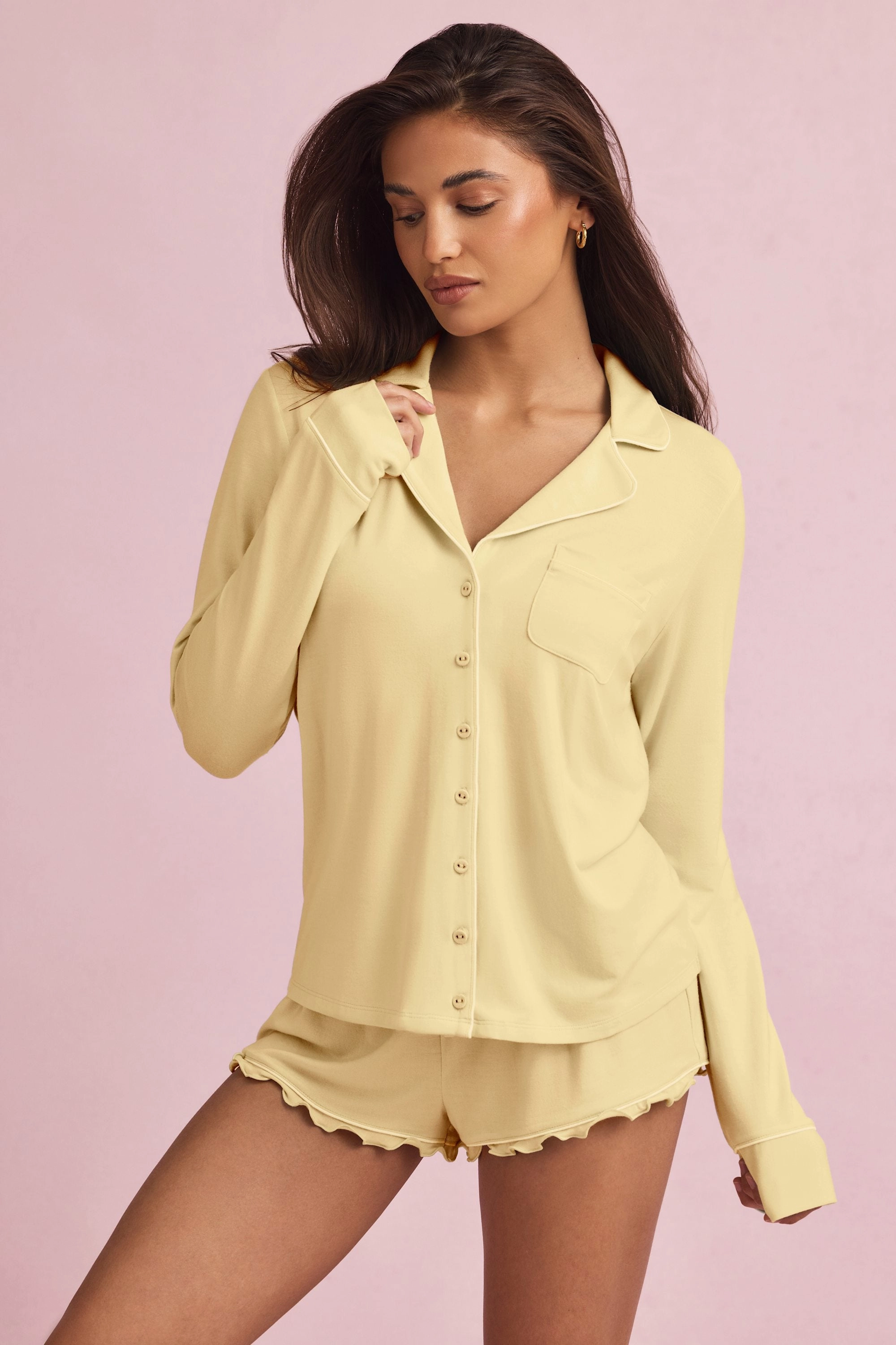 Modal Long-Sleeve Pyjama Top in Pastel Yellow Tops - basic tees cheap