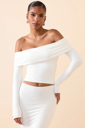 Modal Off-Shoulder Long-Sleeve Top in White Tops - basic tees cheap
