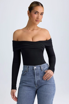 Modal Off-Shoulder Ruched Bodysuit in Black Tops - basic tees cheap