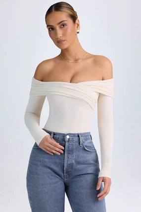 Modal Off-Shoulder Ruched Bodysuit in Ivory Tops - basic tees cheap