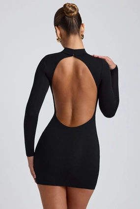 Modal Open-Back Long-Sleeve Mini Dress in Black Tops - basic tees cheap
