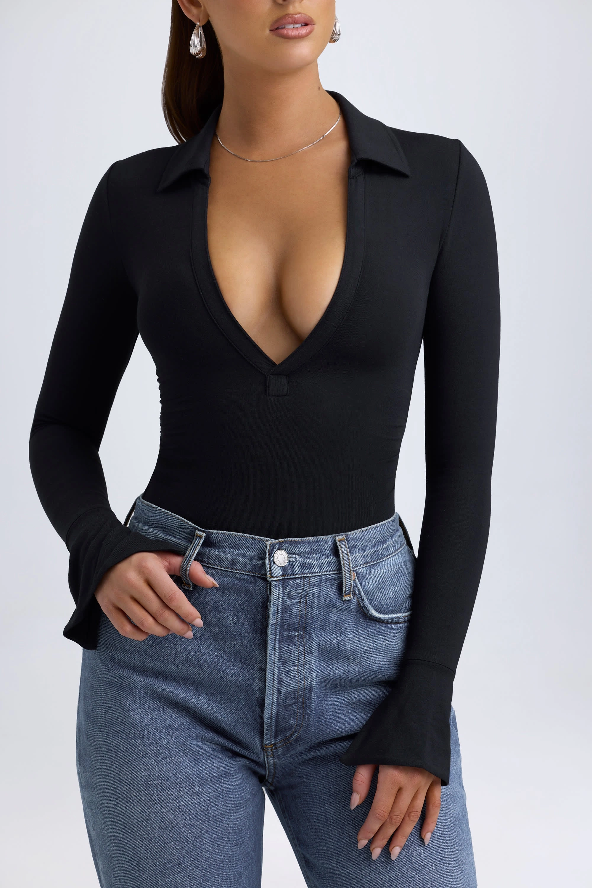 Modal Plunge V-Neck Bodysuit in Black
