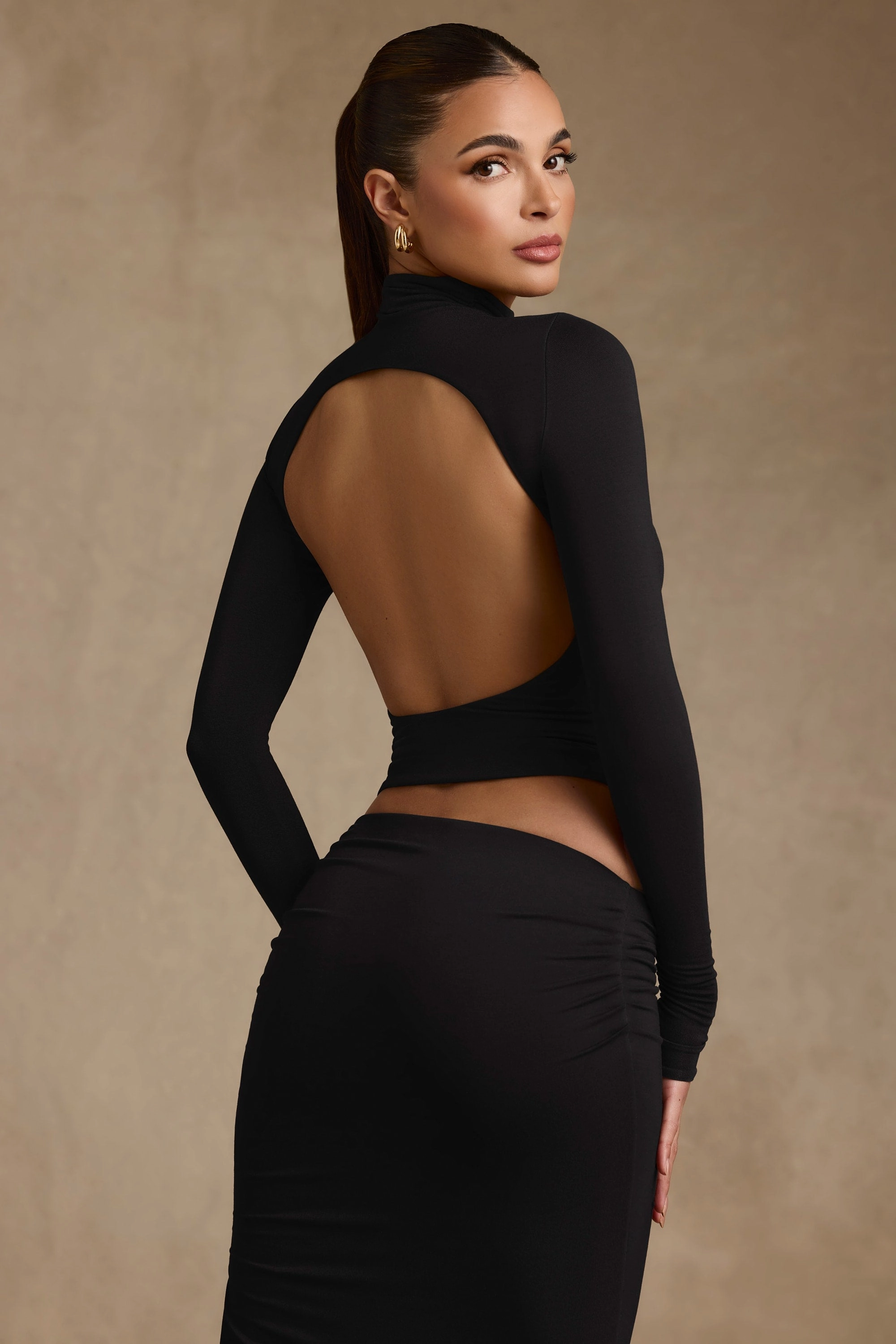Modal Ruched Backless Turtleneck Top in Black