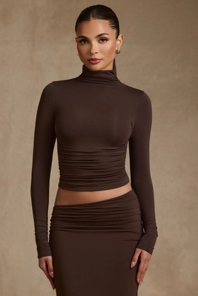 Modal Ruched Backless Turtleneck Top in Chocolate Brown Tops - basic tees cheap