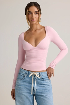 Modal Ruched Long-Sleeve Top in Baby Pink Tops - basic tees cheap