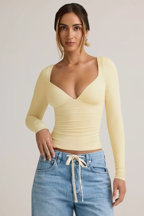 Modal Ruched Long-Sleeve Top in Buttercream Yellow Tops - basic tees cheap