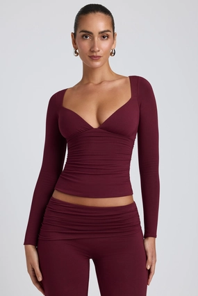 Modal Ruched Long-Sleeve Top in Plum Tops - basic tees cheap
