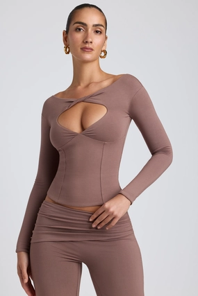 Modal Twist-Front Long-Sleeve Crop Top in Taupe Tops - basic tees cheap
