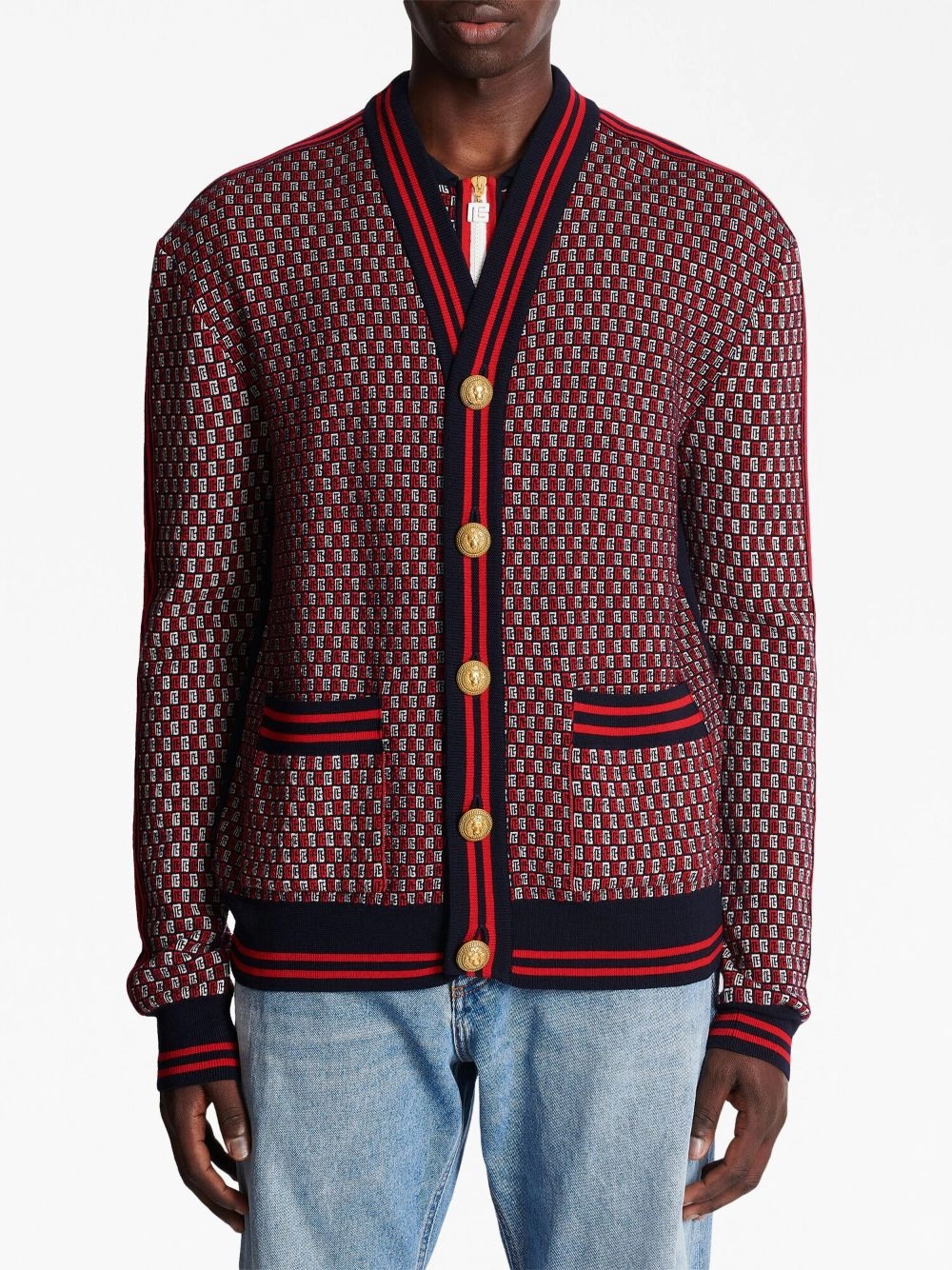 Monogram-Print Checked Wool Cardigan Knitwear Mens - men's sweaters sale