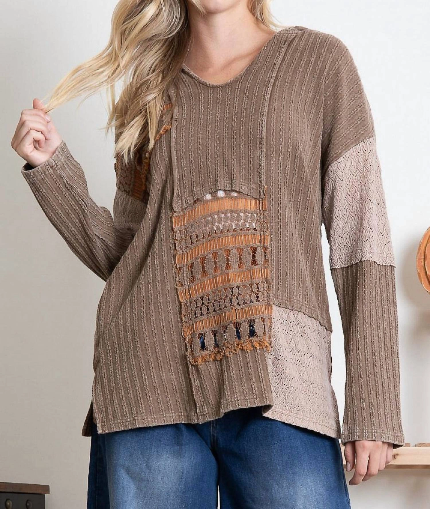 Multi Fabric Lace Inset Hooded Top In Brown Tops Womens - bodysuits clearance