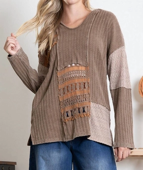 Multi Fabric Lace Inset Hooded Top In Brown Tops Womens - bodysuits clearance