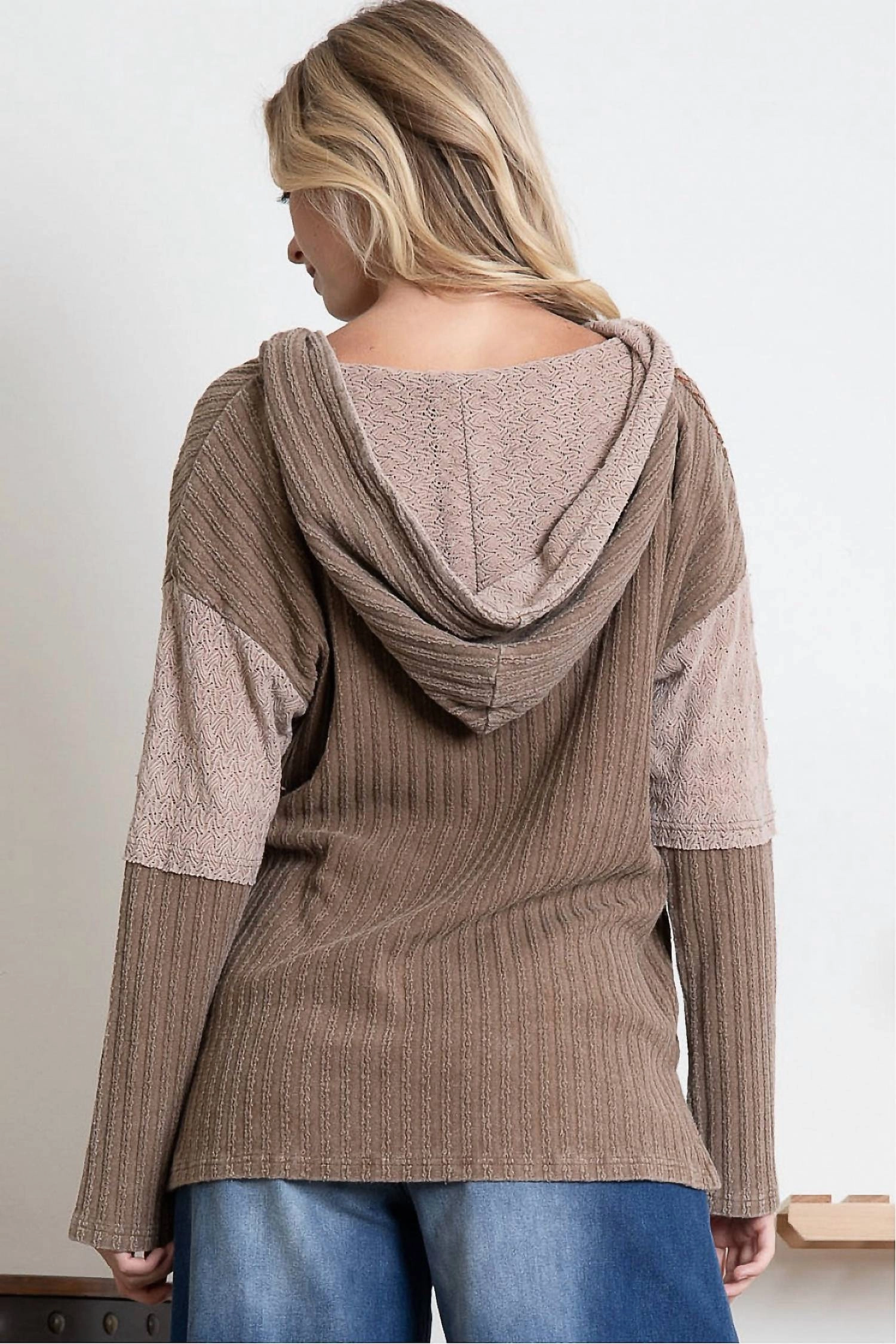 Multi Fabric Lace Inset Hooded Top In Brown