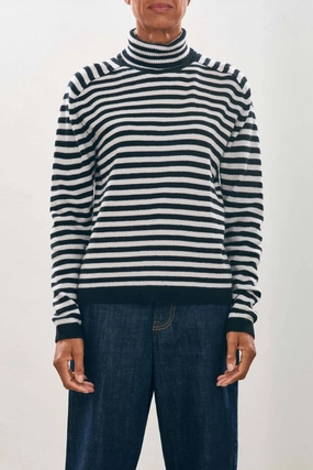 Narrow Stripe Cashmere Roll Collar Sweater In Black/fog Tops Womens - embroidered tops sale