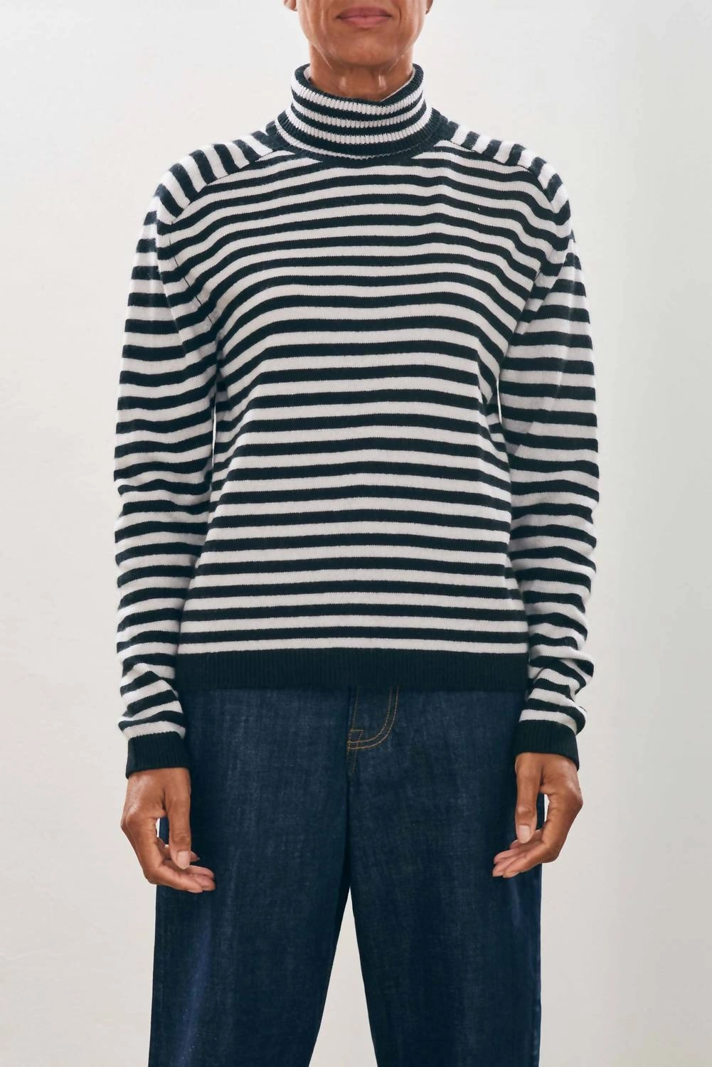 Narrow Stripe Cashmere Roll Collar Sweater In Black/fog Tops Womens - embroidered tops sale