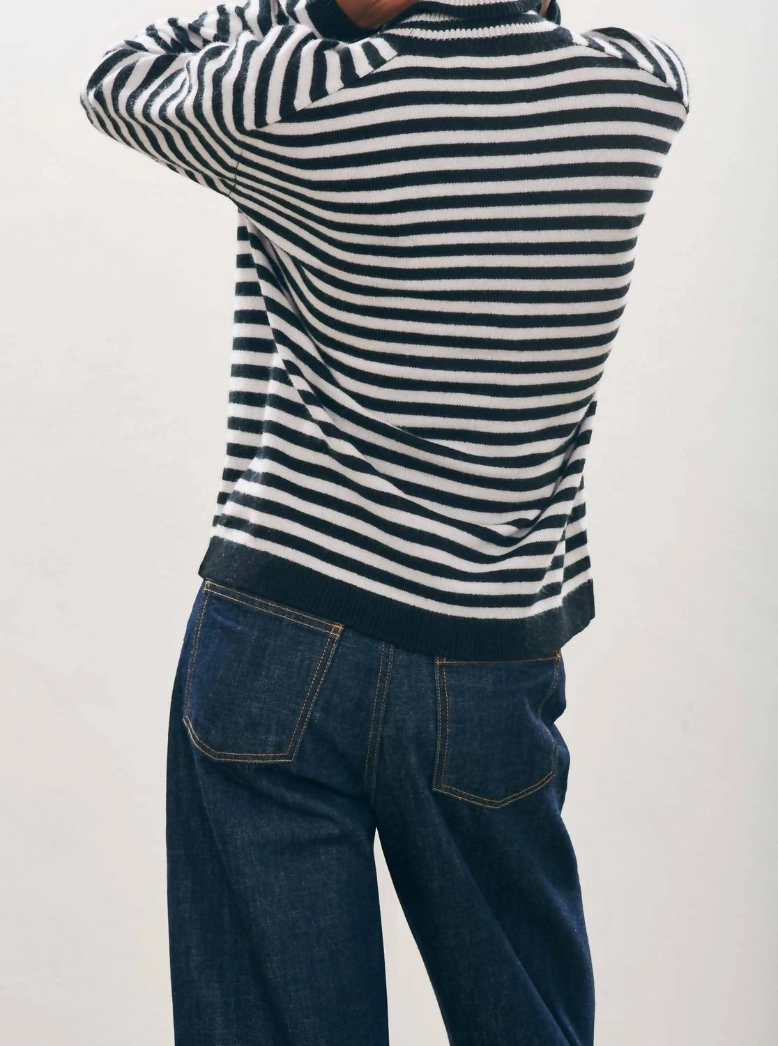 Narrow Stripe Cashmere Roll Collar Sweater In Black/fog