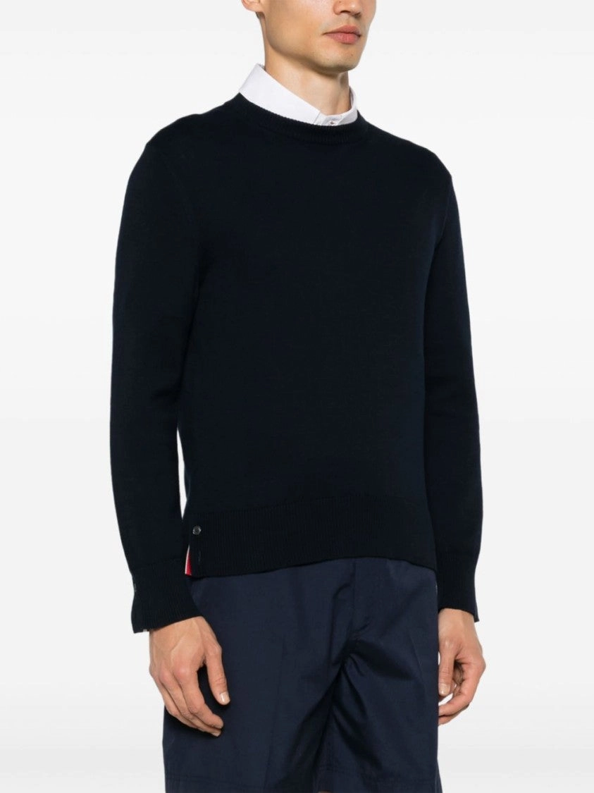 Navy Blue Cotton Ribbed Knit Sweater With 4-Bar Stripe