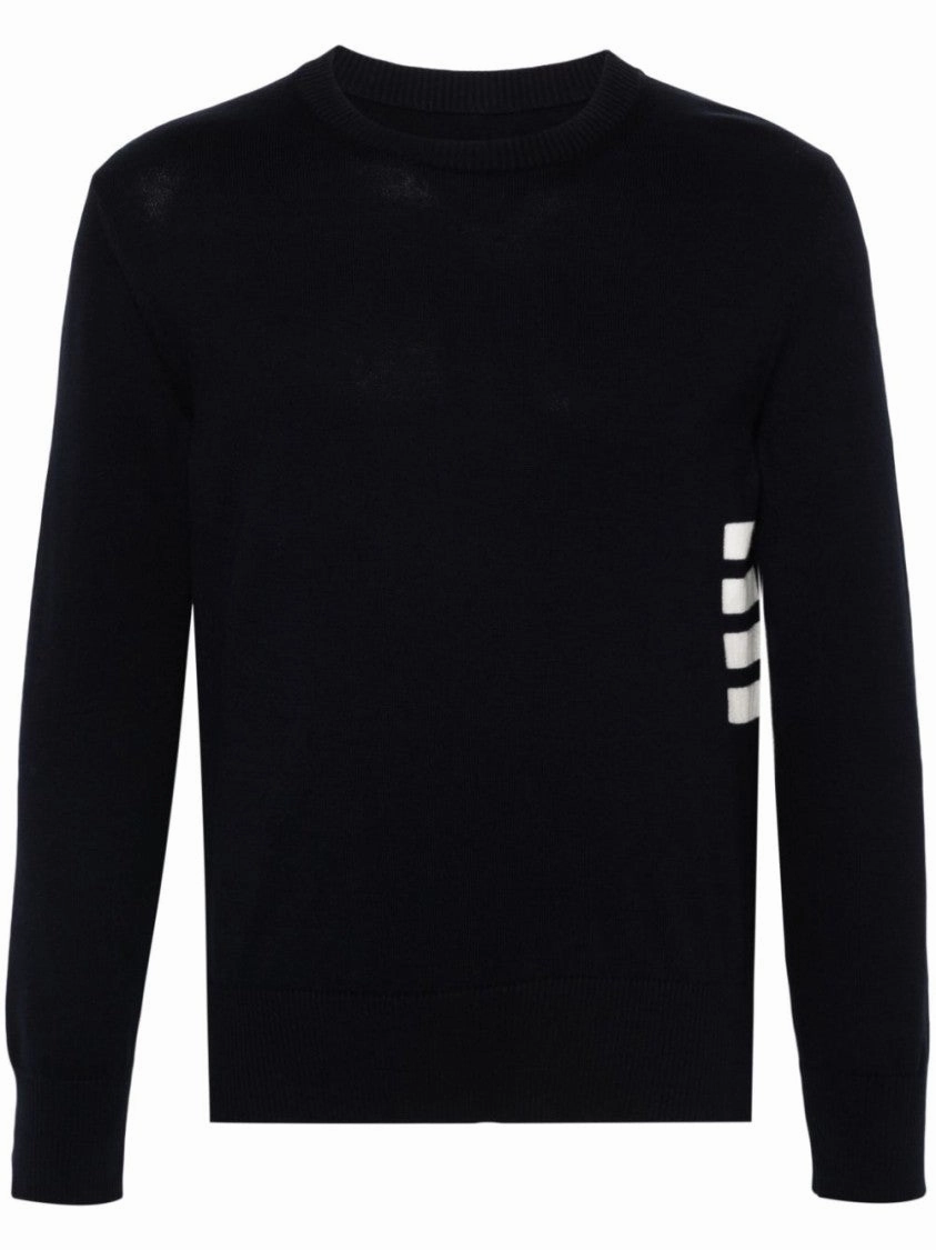 Navy Blue Cotton Ribbed Knit Sweater With 4-Bar Stripe