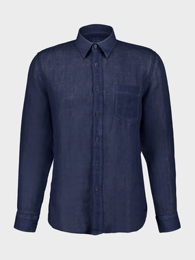 Navy Blue Faded Linen Long-Sleeve Shirt Suits Mens - men's suits outlet