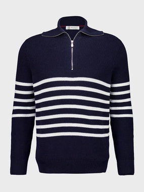 Navy Blue Knitted Cotton Zip-Neck Sweater Knitwear Mens - men's sweaters sale