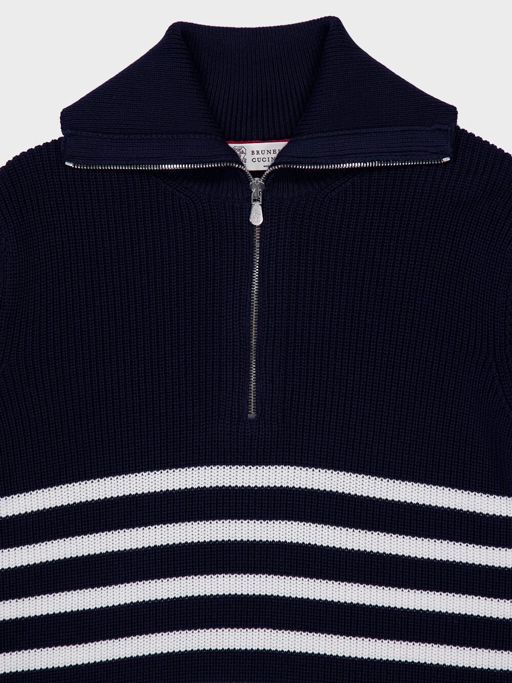 Navy Blue Knitted Cotton Zip-Neck Sweater