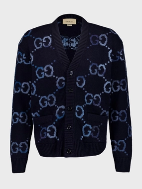 Navy Wool GG Intarsia Cardigan Knitwear Mens - men's sweaters sale