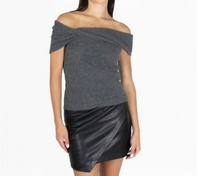 Off The Shoulder Cowl Twist Glitter Sweater In Grey Tops Womens - high-neck blouses