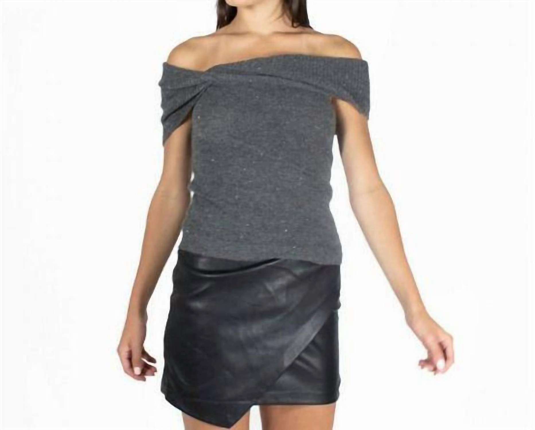 Off The Shoulder Cowl Twist Glitter Sweater In Grey