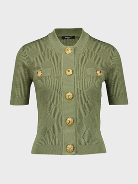 Olive Green Gingham Button-Up Short-Sleeved Cardigan Knitwear Womens - women's knitwear cheap