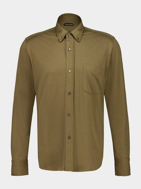 Olive Green Silk-Cotton Button-Down Shirt Suits Mens - men's suits outlet