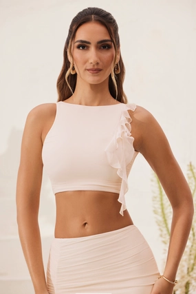 Open Back Ruched Ruffle Crop Top in Ivory Tops - basic tees cheap