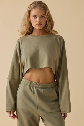 Oversized Long Sleeve Crop Top in Soft Olive Tops - basic tees cheap