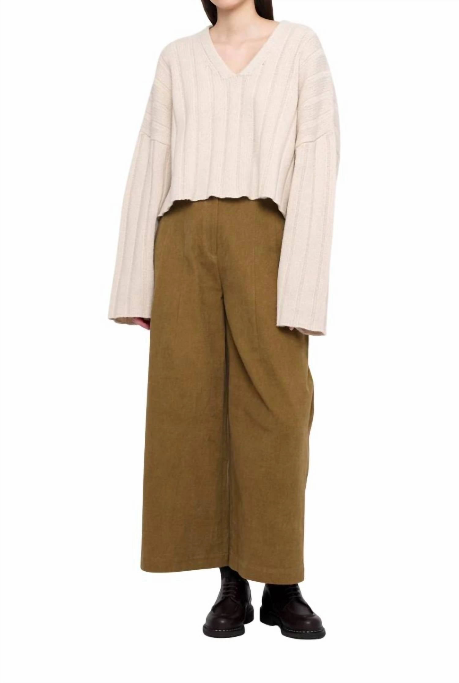 Oversized Ribbed V-Neck Sweater In Beige/white Tops Womens - sheer tops clearance